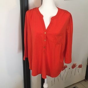 Vibrant orange 3/4 sleeve v-neck with pocket and decorative buttons shirt